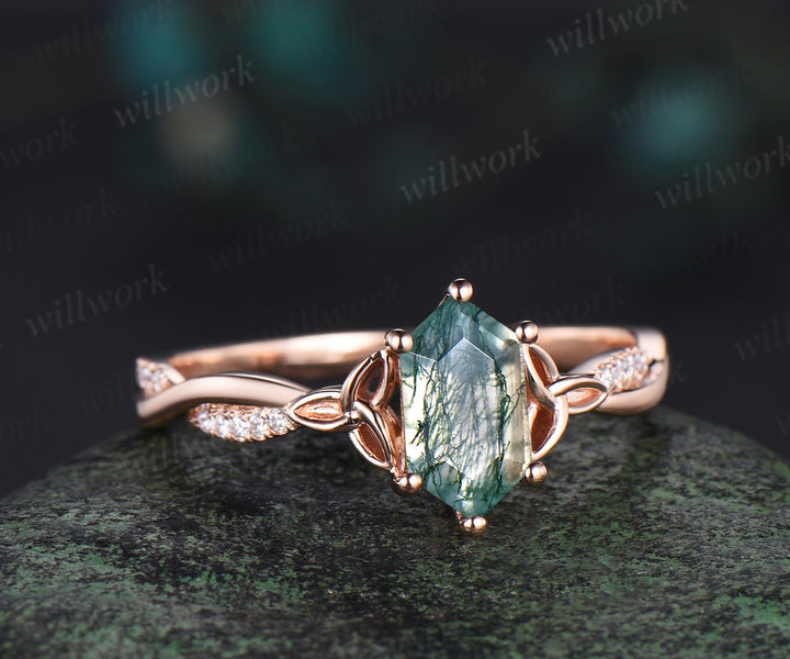 Long hexagon cut moss agate engagement ring 14k rose gold eternity Celtic knot diamond wedding ring women