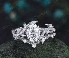 Vintage Oval Cut IGI Lab Grown Diamond Engagement Ring Leaf Nature Inspired Half Eternity Wedding Ring Set