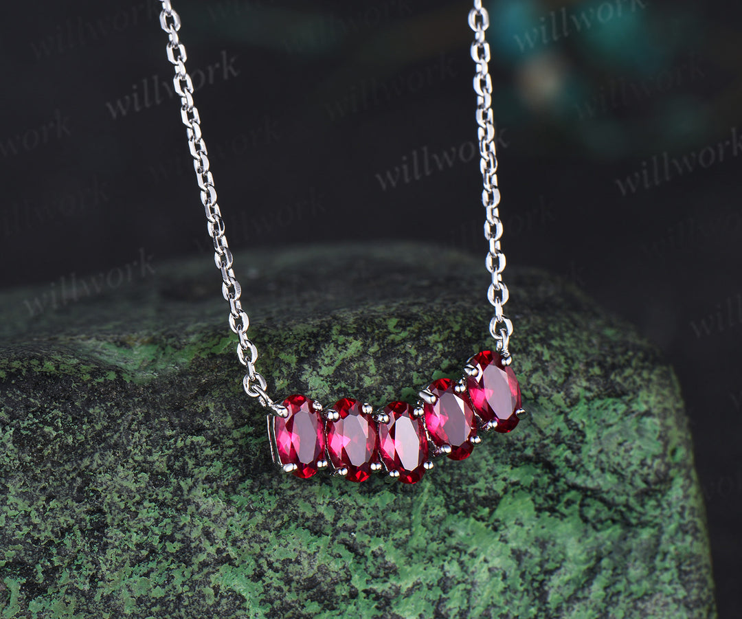 Five stone oval red ruby necklace solid 14k white gold Pendant For Women Anniversary Gifts jewelry