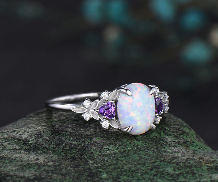 Oval opal ring vintage white gold leaf engagement ring Trilliant amethyst cluster moissanite wedding ring gift