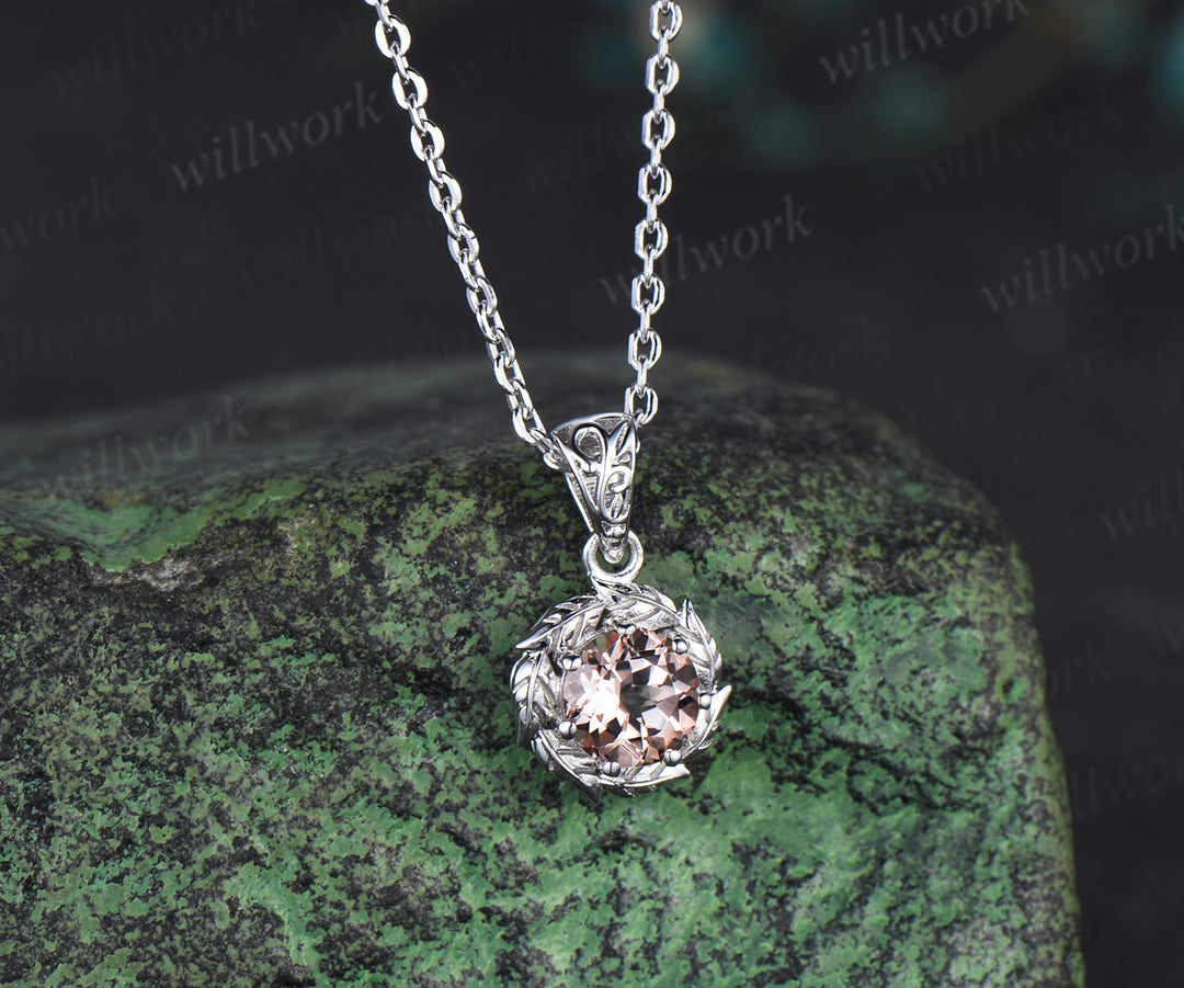 Round cut morganite necklace 14k white gold halo vintage leaf Solitaire pendant women unique anniversary bridal gift mother