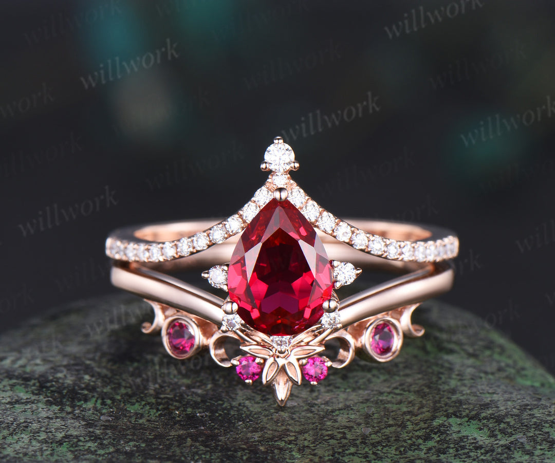 Pear red ruby ring vintage half eternity cluster rose gold engagement ring set moon bezel anniversary gift women