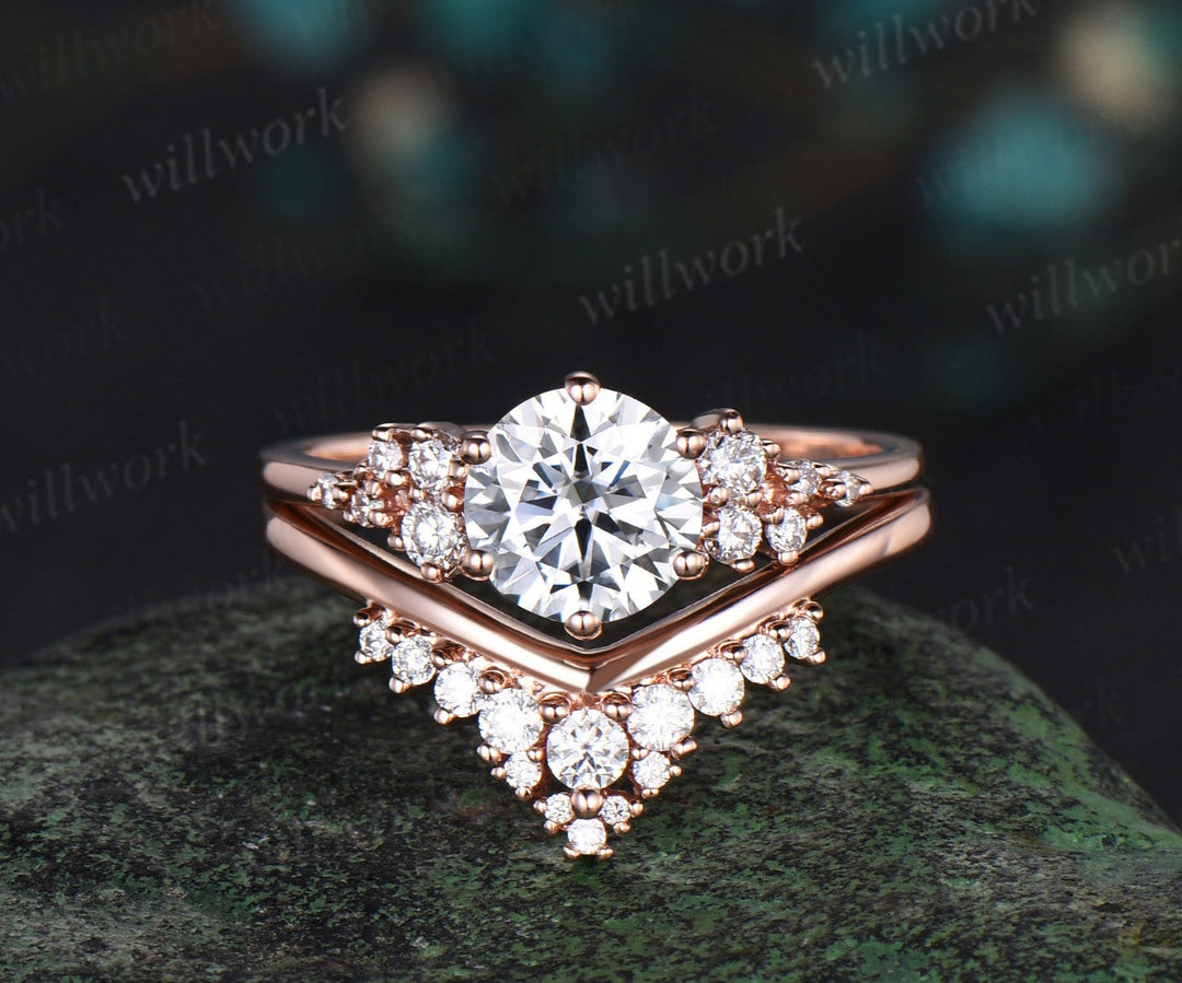 1ct round cut moissanite engagement ring rose gold cluster snowdrift diamond promise wedding ring set women jewelry