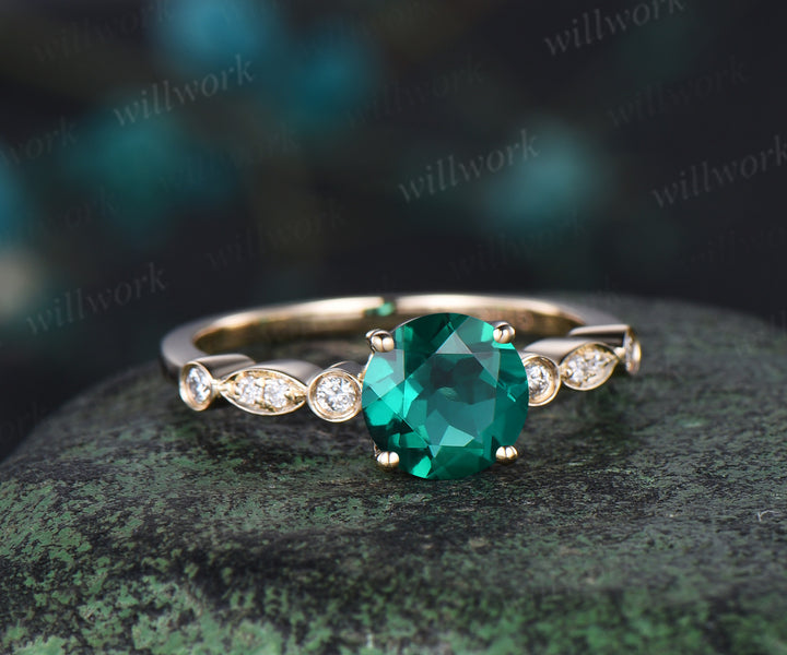 Green emerald engagement ring rose gold emerald ring gold May birthstone ring handmade vintage bridal marquise diamond wedding promise ring