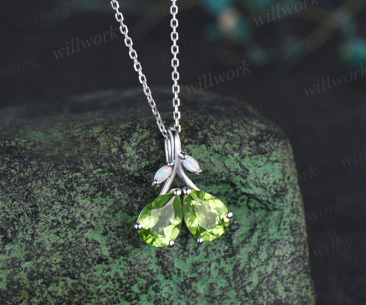 Pear Teardrop Cut Natural peridot Pendant Necklace Opal Leaf Twig Branch Couple August Birthstone Gift