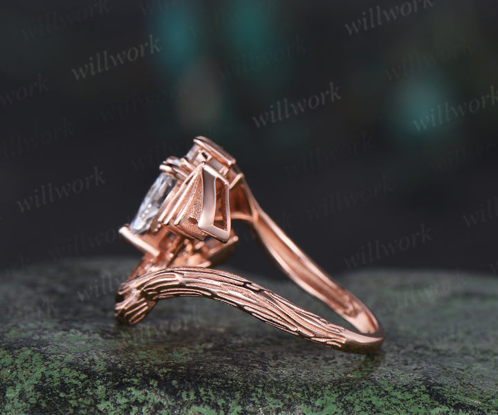 Pear shaped moissanite ring vintage rose gold moon bat engagement ring 14k rose gold retro leaf star diamond promise wedding ring women