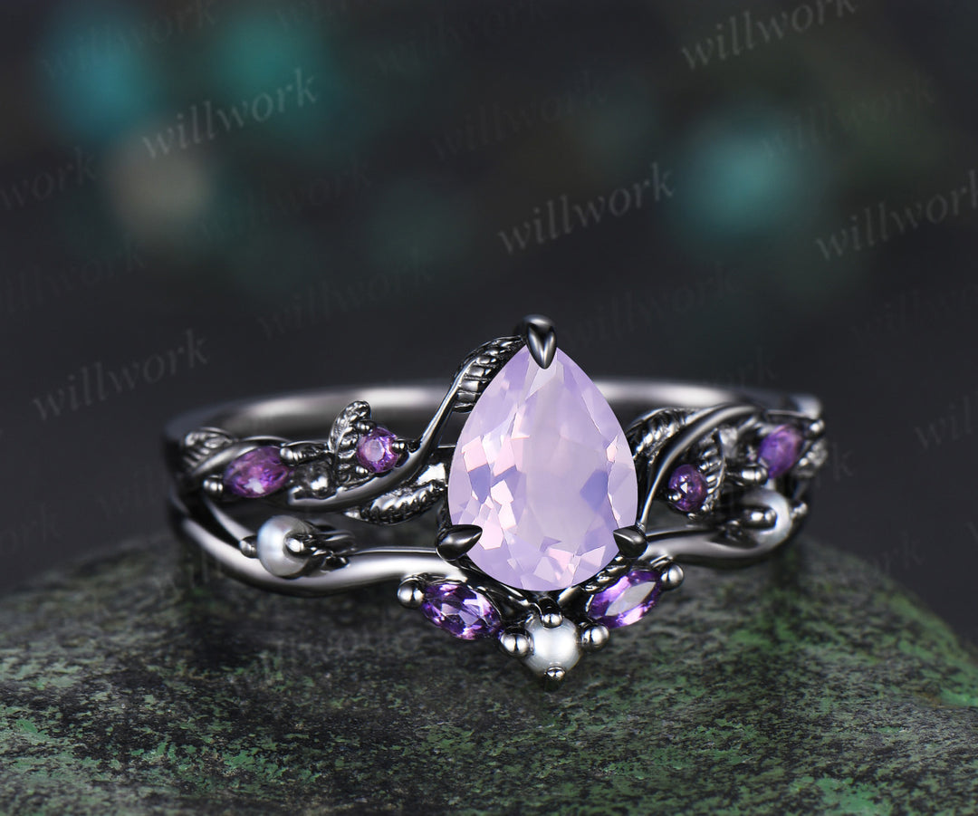 Nature Inspired Pear Lavender Amethyst pearl Bridal Set 14k black gold Unique Twig Vine Teardrop Engagement Ring Ring Set women