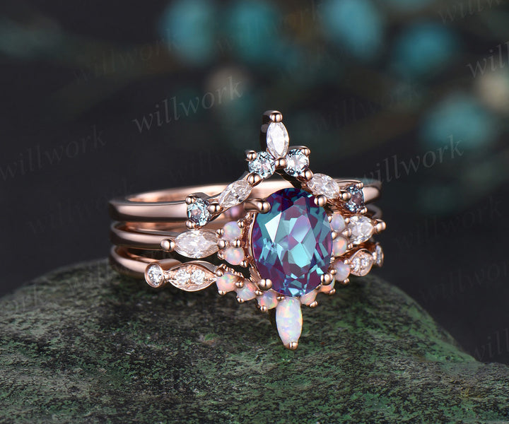 3pc oval cut alexandrite bridal set 18k rose gold alexandrite engagement ring set marquise opal stacking wedding set women