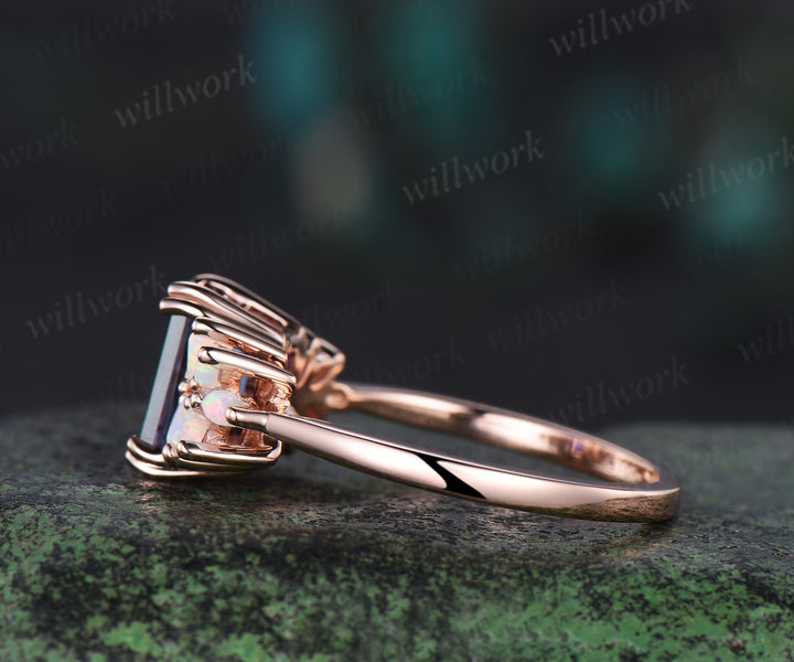 Emerald cut alexandrite ring cluster marquise opal ring women 14k rose gold unique Engagement Ring dainty promise ring her