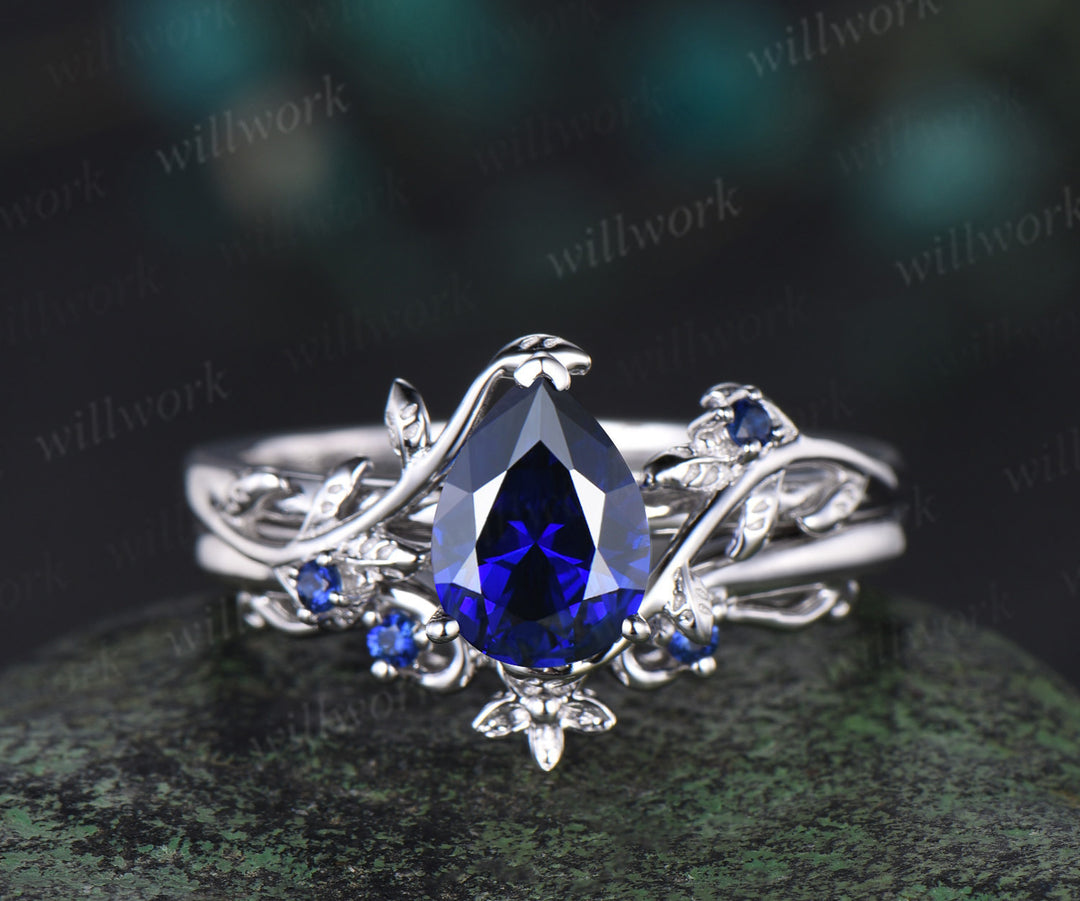 Pear cut sapphire engagement ring set vintage leaf nature inspired bridal set 14k white gold anniversary gift