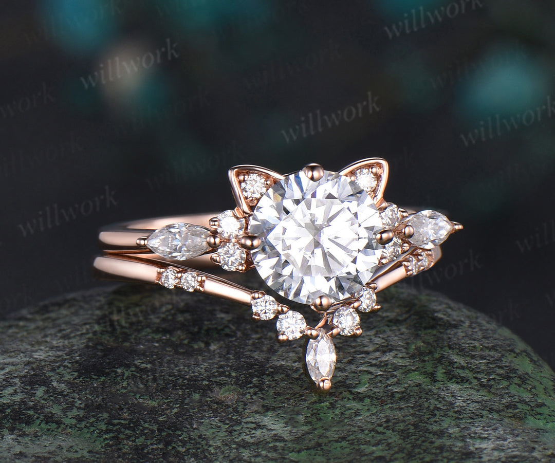 Round cut moissanite ring rose gold vintage unique cat engagement ring stacking diamond wedding promise ring set women