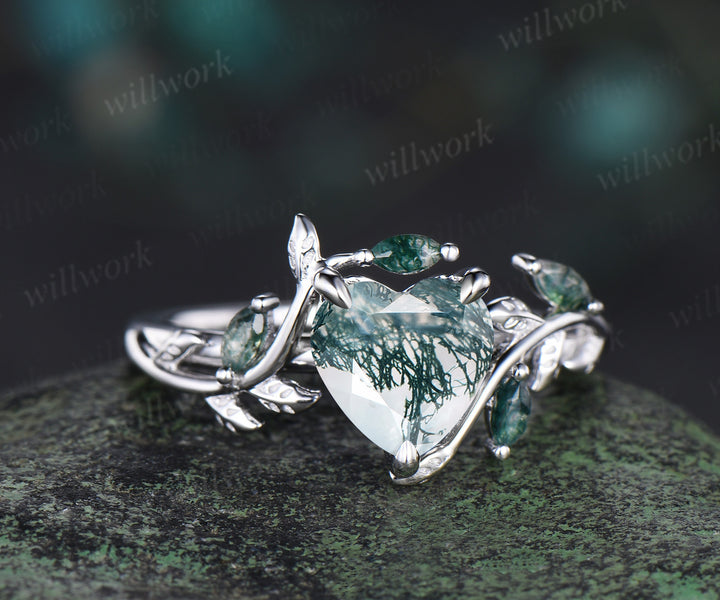 Heart cut moss agate leaf engagement ring women 14k white gold nature inspired promise wedding gift