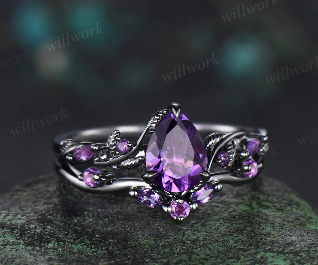 Nature Inspired Pear Amethyst Bridal Set Twisted Unique Twig Vine Teardrop Engagement Ring Set women