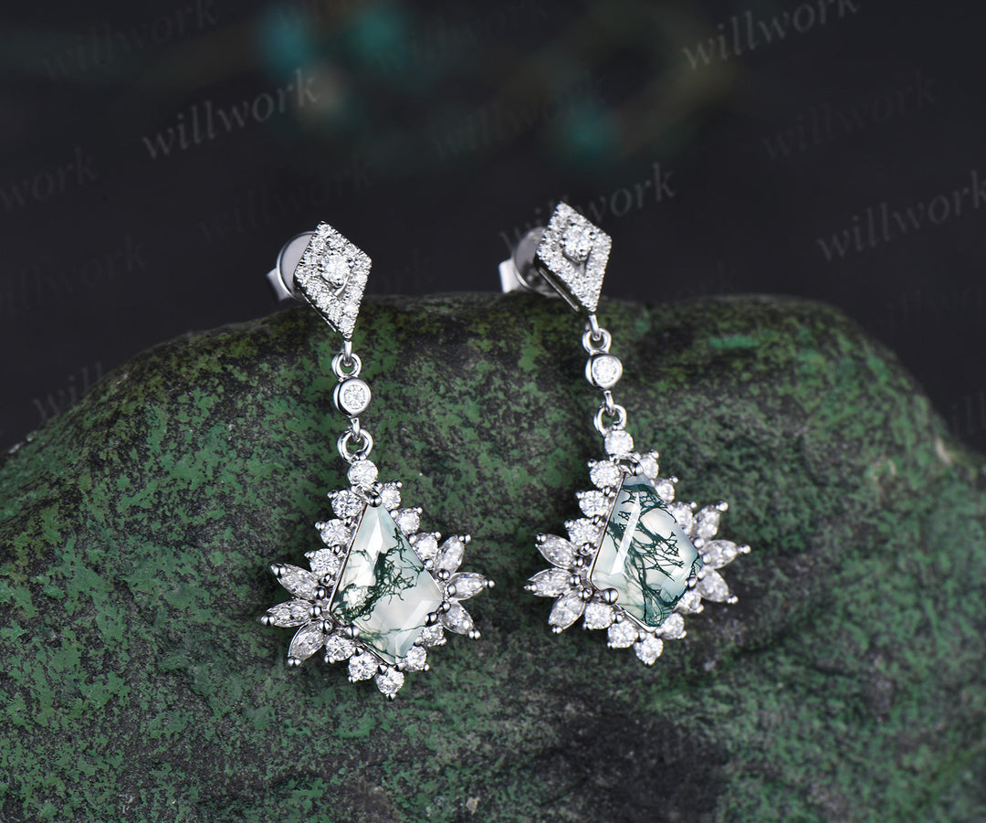 Enchanting kite cut moss agate earrings kite moissanite halo solid white gold earrings for women piercing jewelrys gifs for her