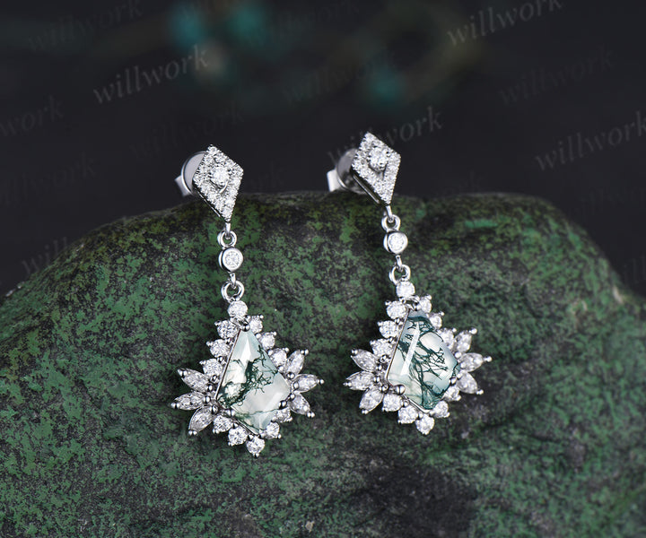 Enchanting kite cut moss agate earrings kite moissanite halo solid white gold earrings for women piercing jewelrys gifs for her