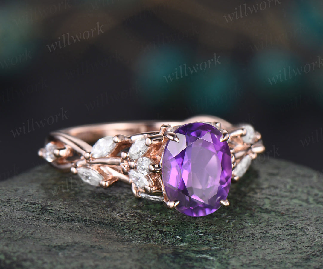 Natural Oval amethyst engagement ring vintage floral twig art deco moissanites ring nature inspired ring promise anniversary gifts for women