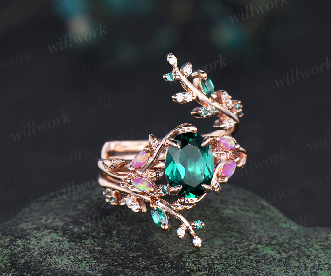 Vintage oval emerald engagement ring set marquise purple opal leaf ring marquise emerald moissanite vine wedding band bridal set