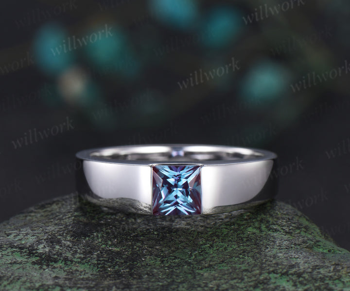 Princess Cut Color-Change Alexandrite mens Wedding Band solid 14k white gold Color-Change Gemston Unique Anniversary Gifts men