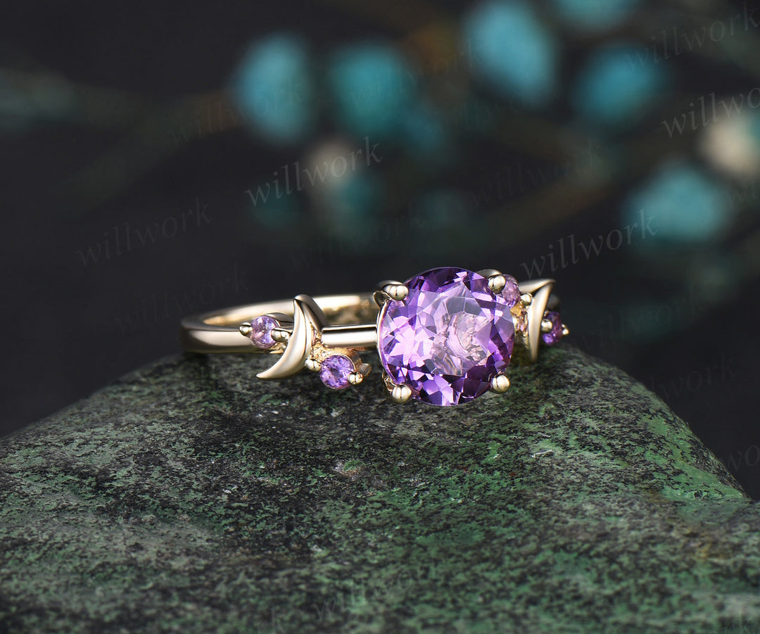 Round cut purple amethyst engagement ring solid 14k yellow gold five stone moon Crystal February birthstone ring women