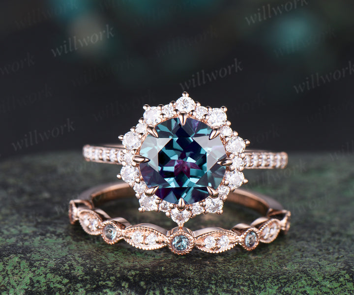 Round cut Alexandrite engagement ring set rose gold milgrain halo half eternity snowdrift diamond ring women unique moissanite bridal ring set