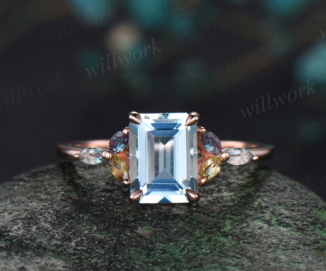 Emerald cut natural aquamarine engagement ring cluster alexandrite