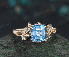 Asscher cut Swiss Blue topaz ring vintage yellow gold leaf nature inspired five stone unique engagement ring women gemstone gift