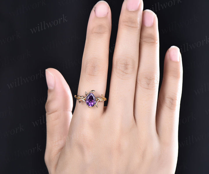 READY TO SHIP: Pear Amethyst Engagement Ring - 14k Yellow Gold - Ring Size: 7 US