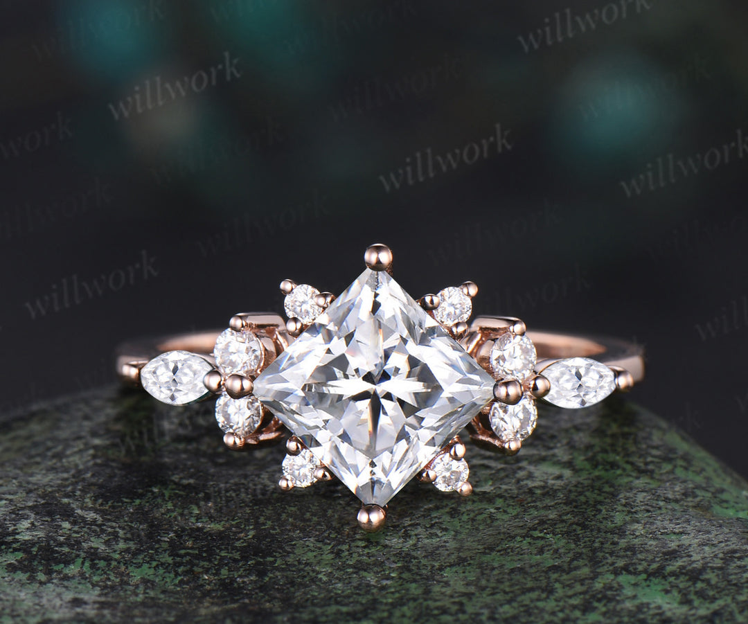 Pincess cut moissanite engagement ring set cluster diamond 14k rose gold ring women stacking unique promise wedding ring set