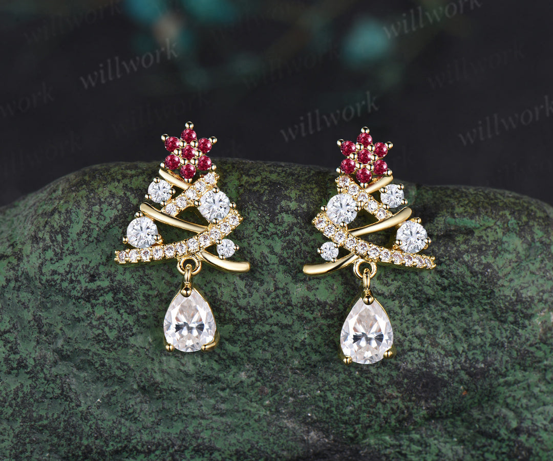 Christmas Tree Pear-cut Emerald Earrings Round Ruby Moissanite Earrings