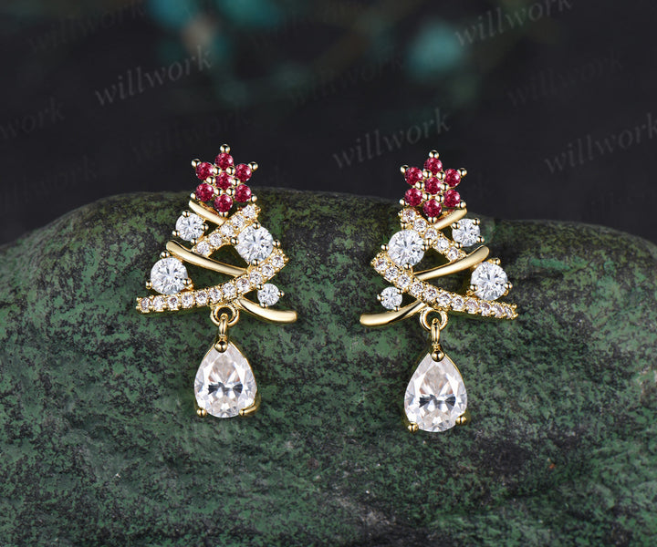 Christmas Tree Pear-cut Emerald Earrings Round Ruby Moissanite Earrings