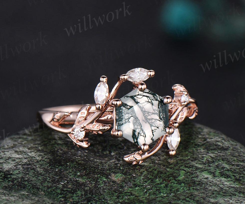 Hexagon cut moss agate ring twig nature inspired engagement ring rose gold leaf marquise diamond promise ring women