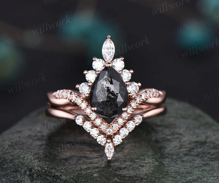 Vintage pear salt and pepper diamond engagement ring set twisted infinity diamond accented wedding bridal ring set women gifts