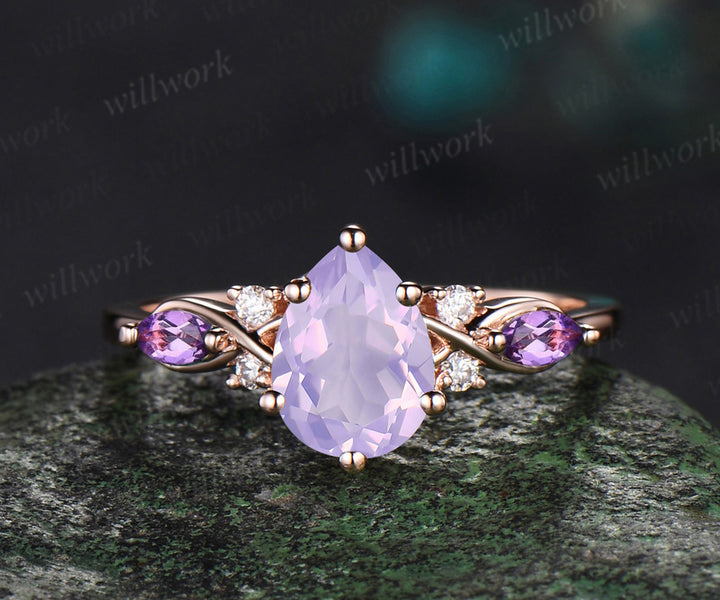 Vintage Pear Cut Lavender Amethyst Engagement Ring Set butterfly ring Opal Wedding Band Nature Inspired 2pcs Bridal Ring Set Vine Twig Branch Leaf Promise Ring Set