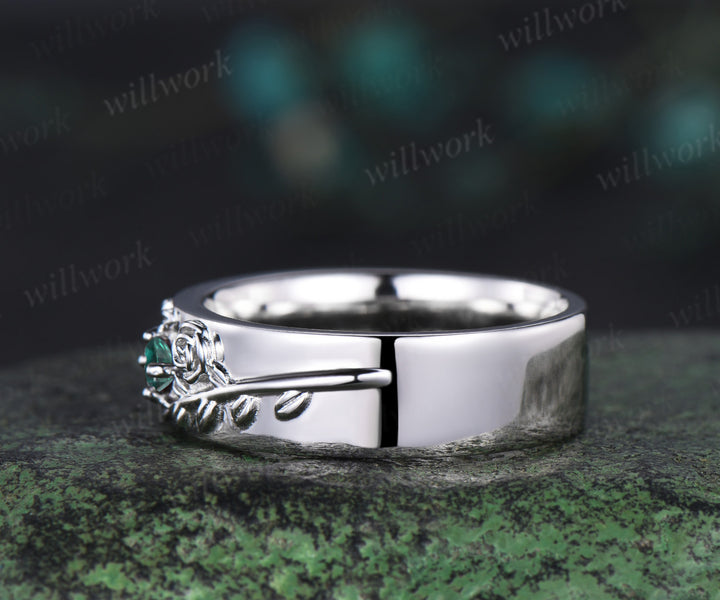 Round green emerald mens wedding band solid 14k white gold leaf floral wedding ring unique anniversary ring gift nature inspired Engagement Ring