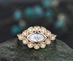 East to West Marquise Lab Grown Diamond Ring Bezel Set Halo Engagement Ring Unique Eye Shape Ring for Her