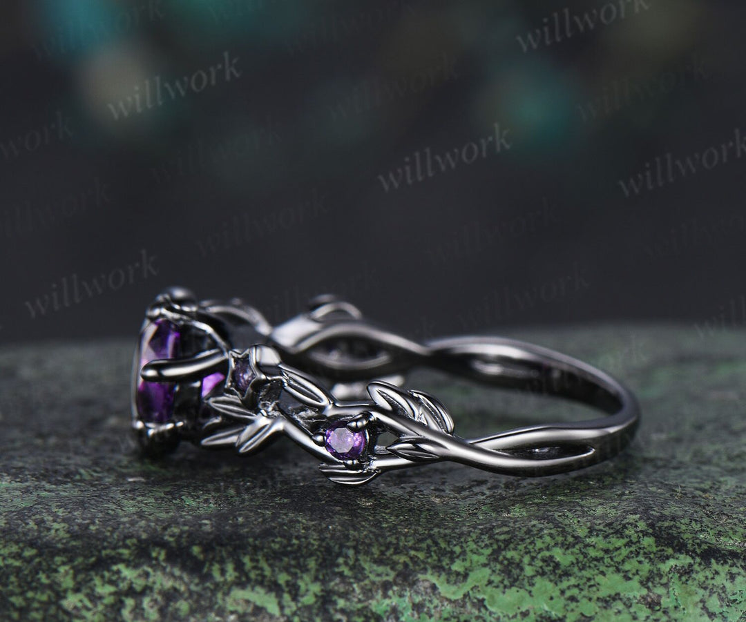 Nature Inspired Round Amethyst Engagement Ring Black Gold Moon Star Leaf Vine Promise Ring