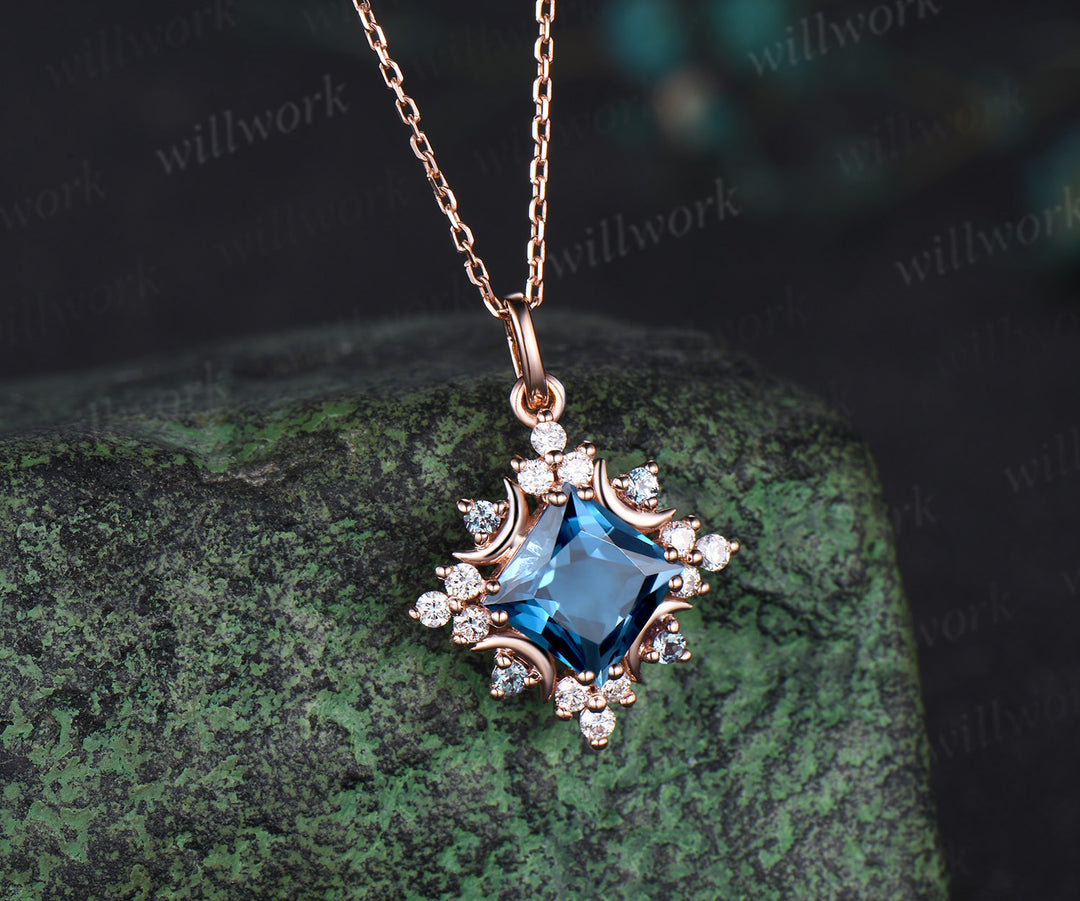 Celestial Moon Pendant Necklace Vintage Princess London Blue Topaz Necklace Square December Birthstone Pendant 14k Rose Gold