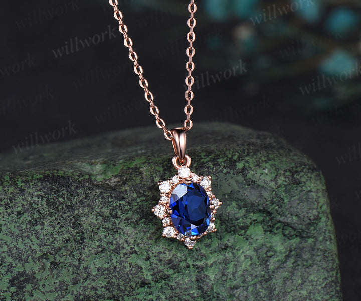 Vintage oval blue sapphire necklace solid 14k 18k rose gold halo snowdrift diamond pendant women September birthstone anniversary gift jewelry