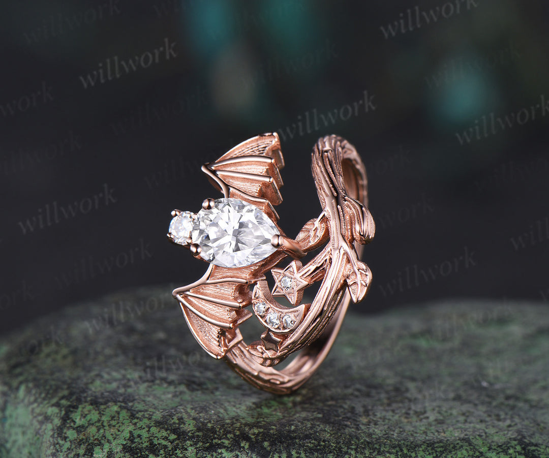 Pear shaped moissanite ring vintage rose gold moon bat engagement ring 14k rose gold retro leaf star diamond promise wedding ring women