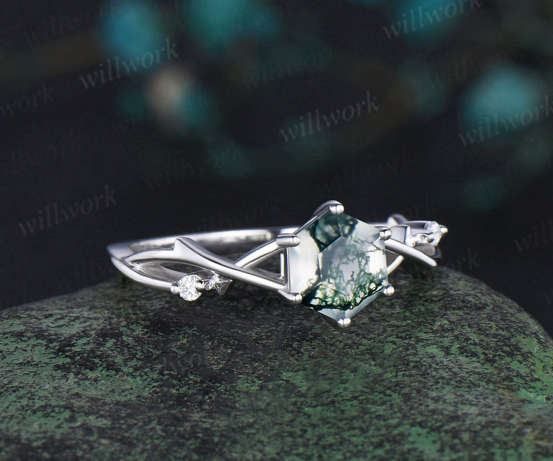 Vintage hexagon cut moss agate engagement ring white gold 6 prong branch infinity three stone diamond wedding ring women