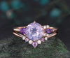 Round cut Lavender Amethyst engagement ring solid 14k rose gold Crystal cluster diamond bridal anniversary ring set women