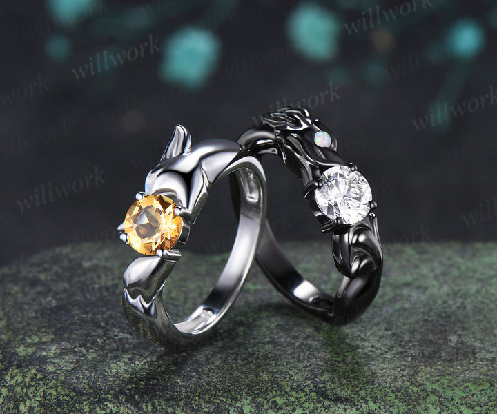 Dragon Moissanite & Fox Citrine Couple Ring Set Fantasy Animal Engagement Rings Unique Promise Wedding Ring