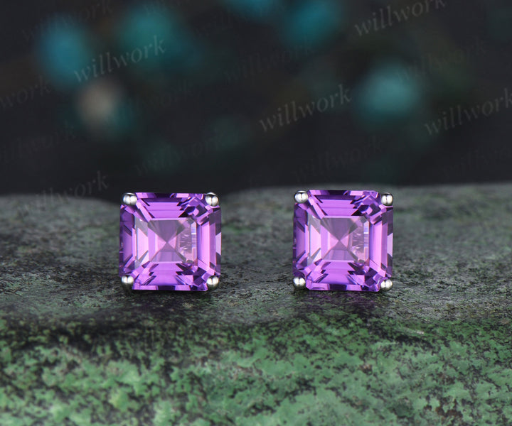 Solitaire Asscher Cut amethyst Earrings white gold Crystal Stud Earrings women February birthstone anniversary gift