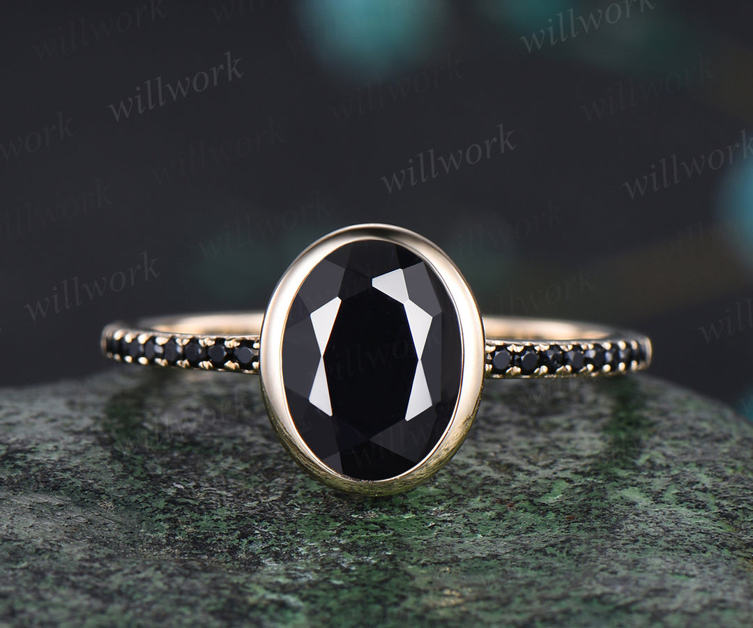 Bezel Set Oval Cut Natural Black Onyx Engagement Ring Unique Black Spinel Diamond Half Eternity Wedding Ring 14k Yellow Gold Ring