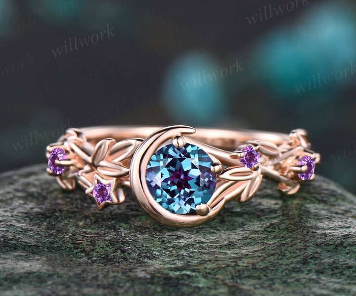 Round Cut Alexandrite June Birthstone Engagement Ring Unique Amethyst Moon Star Wedding Ring Leaf Vine Twig Branch Nature Inspired Anniversary Ring Jewelry Gift