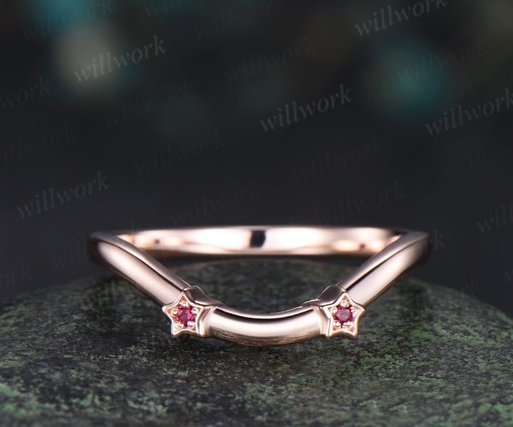 Ruby star wedding band curved matching band solid 14k rose gold stackable ring gifts for her