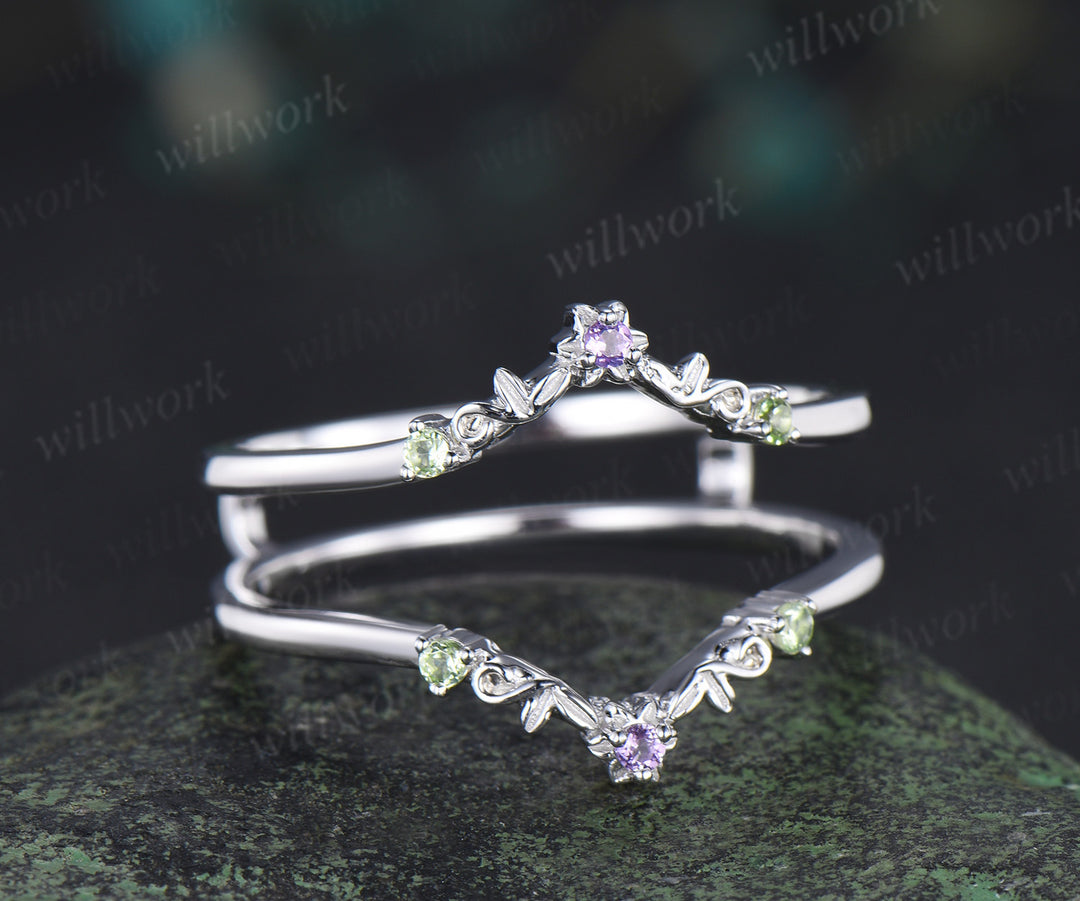 Dainty amethyst floral peridot wedding band white gold leaf enhancer ring stackable double layer wedding ring for women