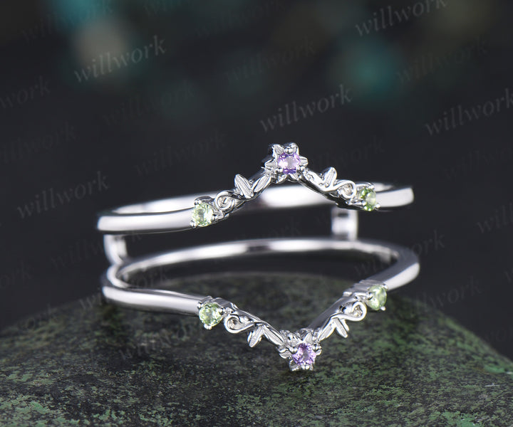 Dainty amethyst floral peridot wedding band white gold leaf enhancer ring stackable double layer wedding ring for women