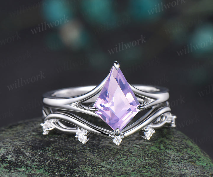 Kite cut Lavender Amethyst 14k white gold unique split shank engagement ring women infinity anniversary gift