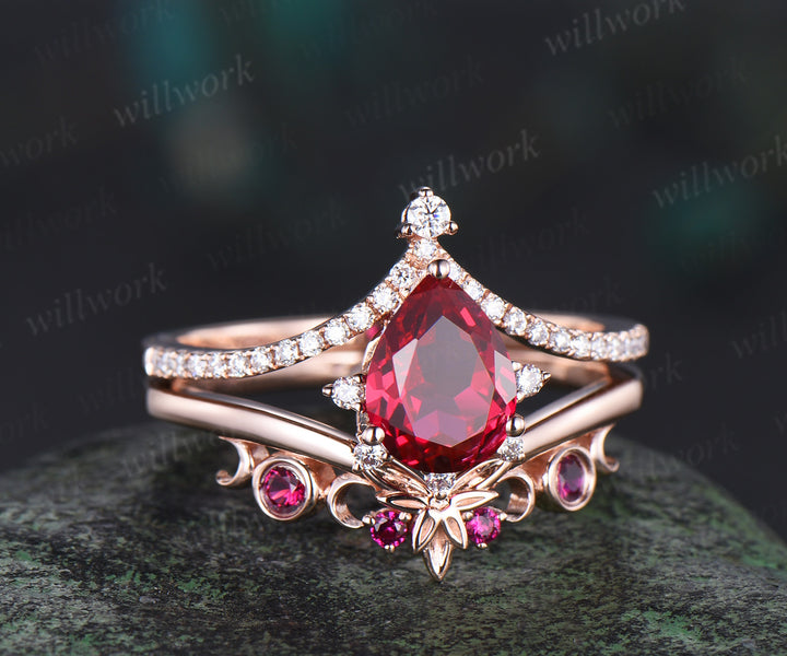 Pear red ruby ring vintage half eternity cluster rose gold engagement ring set moon bezel anniversary gift women